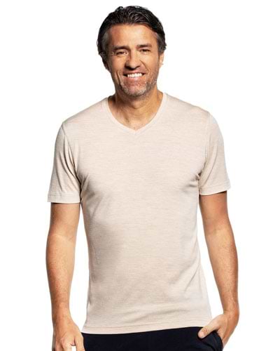 Beige t-shirt met v-hals van merinowol