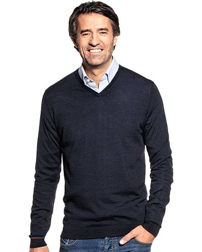 Dunkelblauer Wollpullover mit V-Ausschnitt