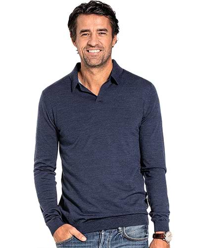 Dunkelblauer Wollpullover mit Kragen und Knopfleiste
