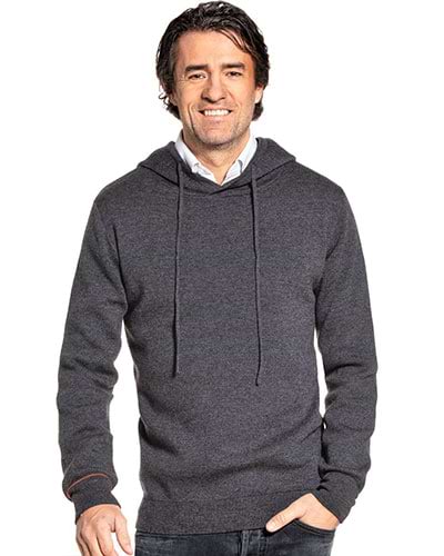 Grauer Wollpullover mit Kapuze