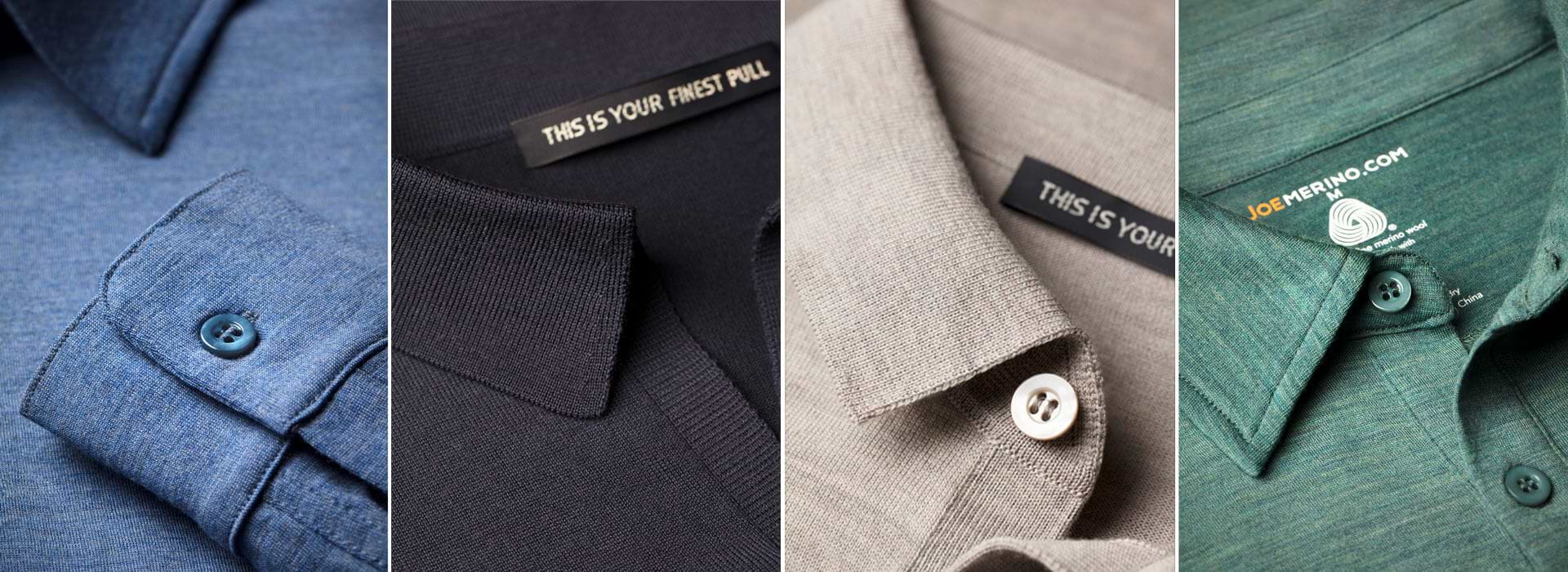 Detailaufnahmen von Merino Poloshirts in Blau, Schwarz, Beige und Grün – hochwertige Knöpfe und Kragen aus feiner Merinowolle