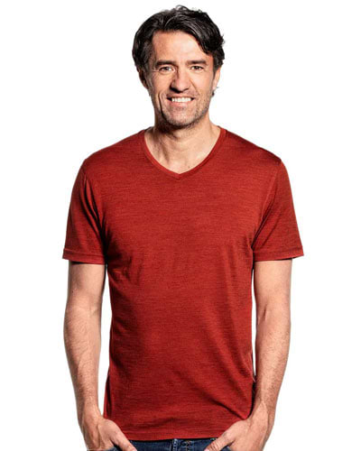 Oranje t-shirt met v-hals van merinowol