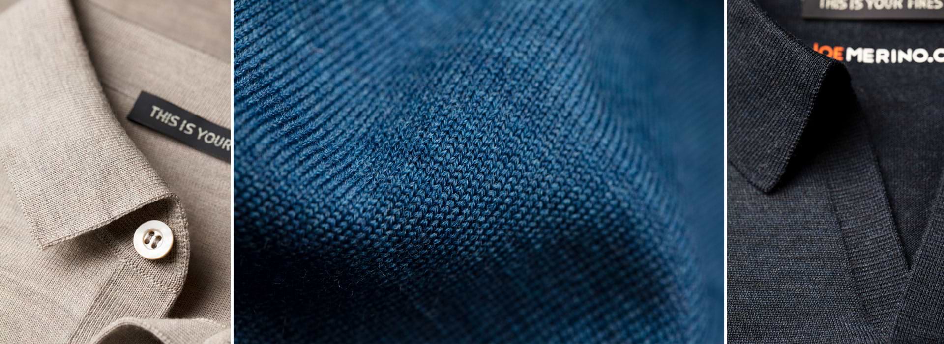 Detailaufnahmen von Feinstrick Poloshirts in Blau, Schwarz, Beige und Grün – hochwertige Knöpfe und Kragen aus feiner Merinowolle