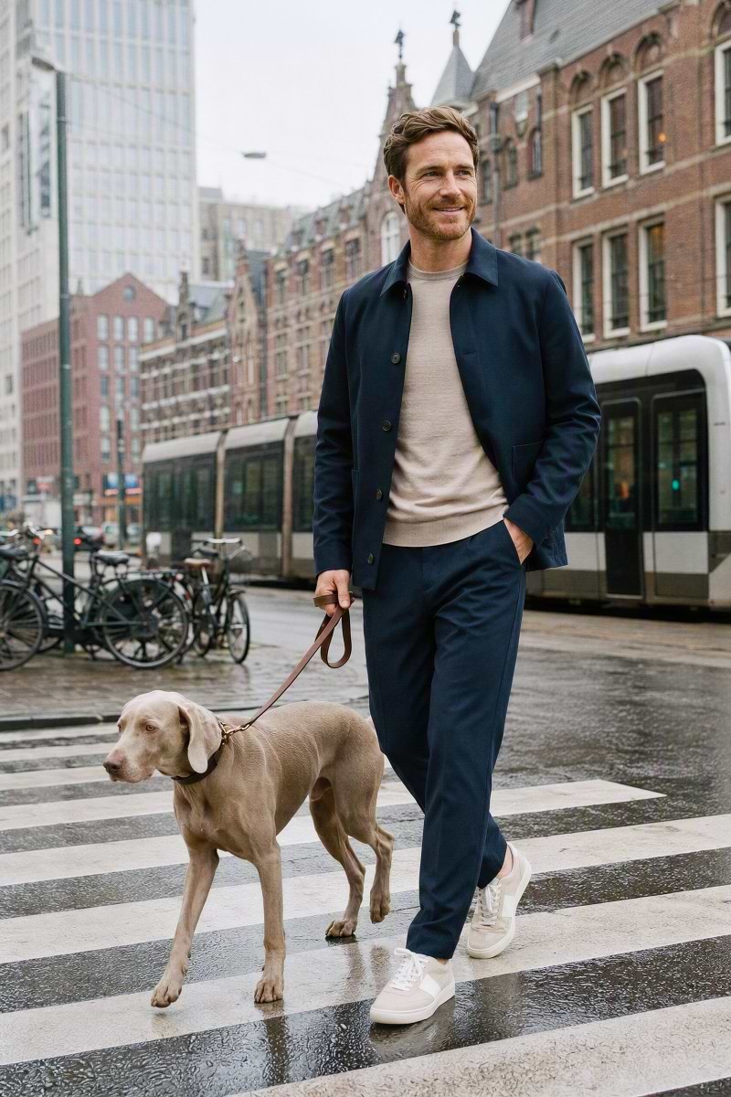 Blauw wol linnen overshirt met beige t-shirt en wollen broek in het blauw