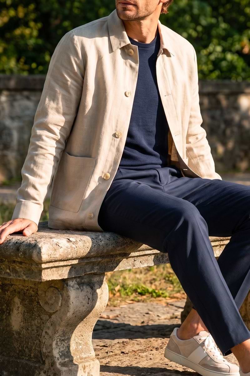 Beige wol linnen overshirt met donkerblauw t-shirt en wollen broek in het blauw
