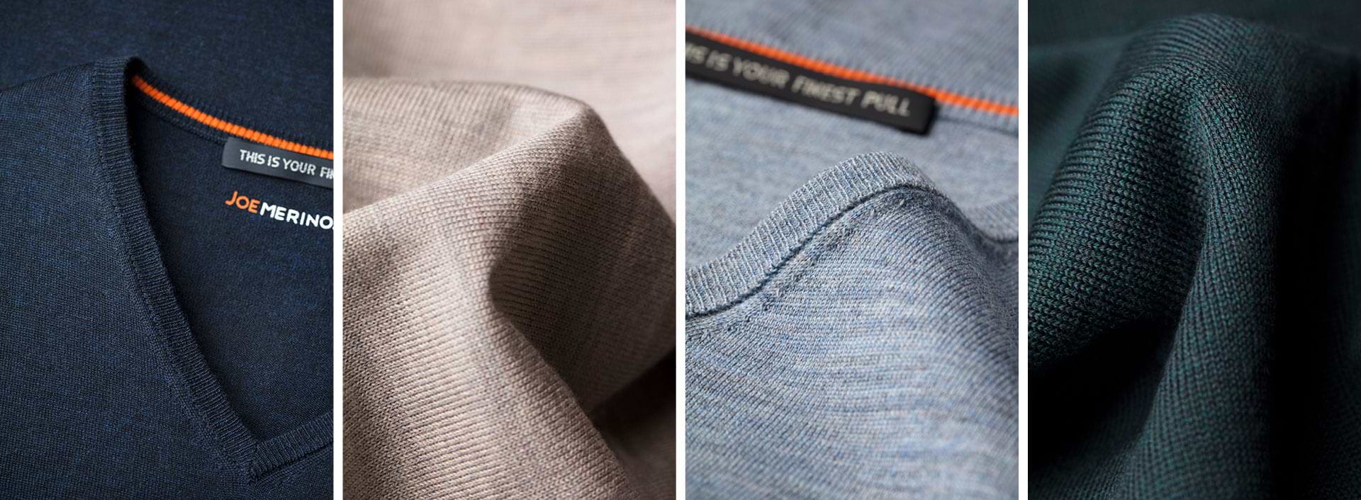 Detailaufnahmen von Extra Lange Pullover aus feiner Merinowolle in verschiedenen Farben