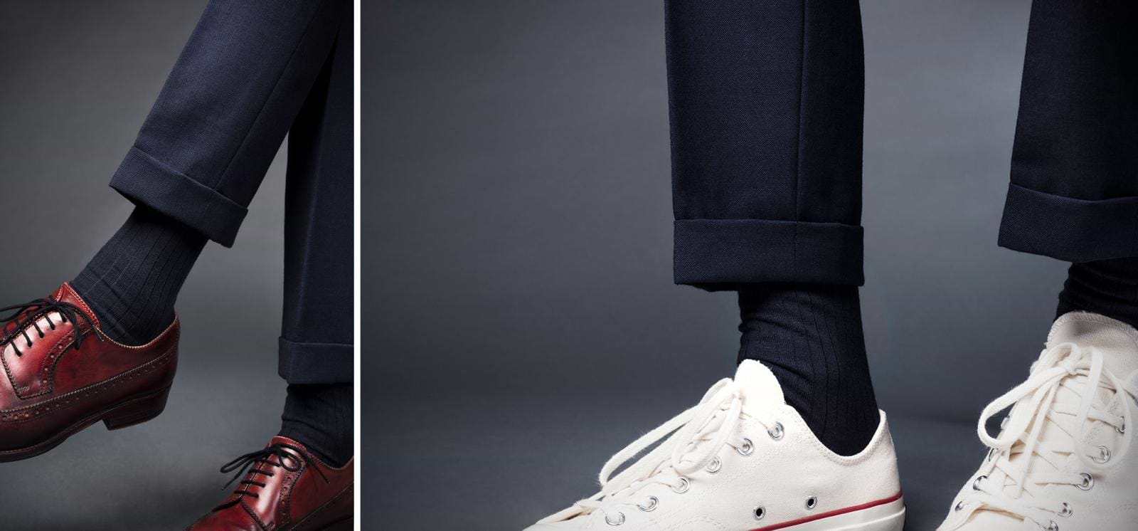 verschiedene Merino Socken mit Lederschuhen und Sneakers